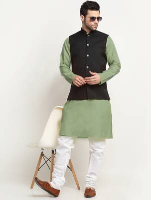 Cotton green kurta and pyjama with twill black nehru jacket 1