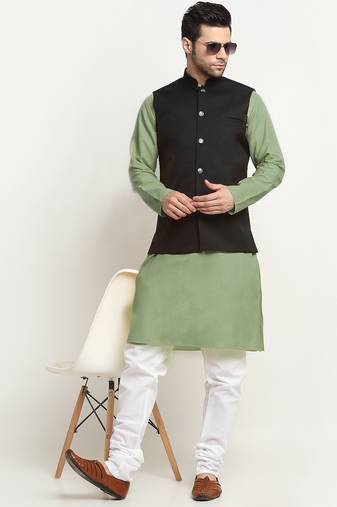 Cotton green kurta and pyjama with twill black nehru jacket
