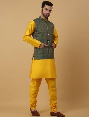 Men's yellow kurta and churidar with jacquard ethnic motifs printed nehru jacket 4