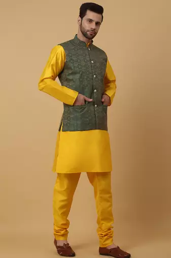 Men's yellow kurta and churidar with jacquard ethnic motifs printed nehru jacket