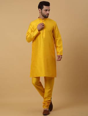 Men's yellow kurta and churidar with jacquard ethnic motifs printed nehru jacket 5