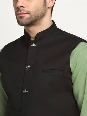 Cotton green kurta and pyjama with twill black nehru jacket 2