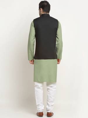 Cotton green kurta and pyjama with twill black nehru jacket 3