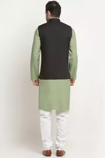 Cotton green kurta and pyjama with twill black nehru jacket