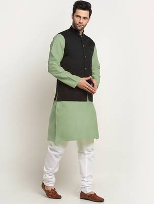Cotton green kurta and pyjama with twill black nehru jacket 4