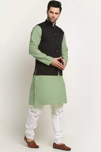 Cotton green kurta and pyjama with twill black nehru jacket