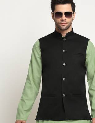 Cotton green kurta and pyjama with twill black nehru jacket 5