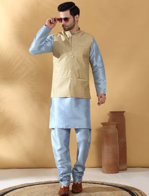 Silk blend blue kurta and churidar with jacquard geometric beige nehru jacket 1