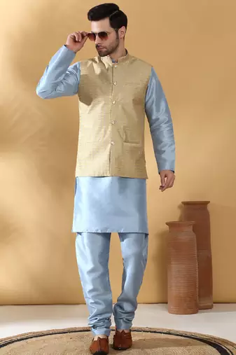 Silk blend blue kurta and churidar with jacquard geometric beige nehru jacket