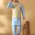Silk blend blue kurta and churidar with jacquard geometric beige nehru jacket