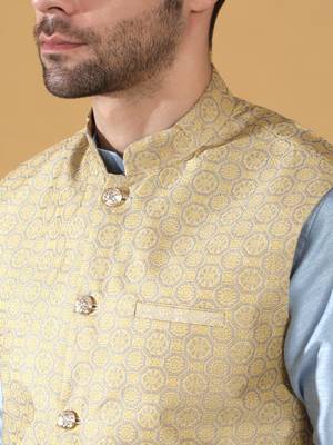 Silk blend blue kurta and churidar with jacquard geometric beige nehru jacket 2