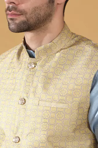 Silk blend blue kurta and churidar with jacquard geometric beige nehru jacket
