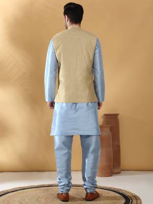 Silk blend blue kurta and churidar with jacquard geometric beige nehru jacket 3