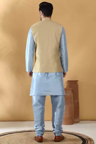 Silk blend blue kurta and churidar with jacquard geometric beige nehru jacket