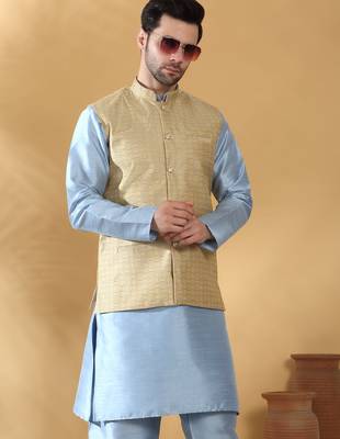 Silk blend blue kurta and churidar with jacquard geometric beige nehru jacket 4