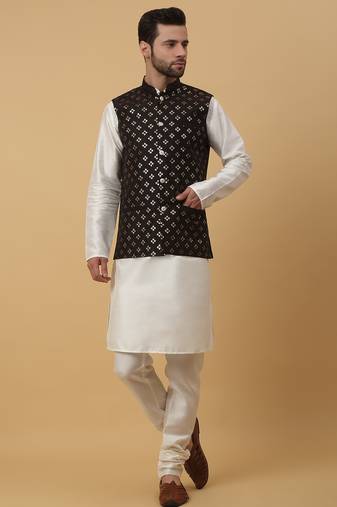 Men's cream kurta and churidar with sequenced cotton silk nehru jacket
