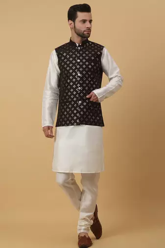 Men's cream kurta and churidar with sequenced cotton silk nehru jacket