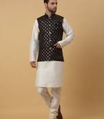 Men's cream kurta and churidar with sequenced cotton silk nehru jacket