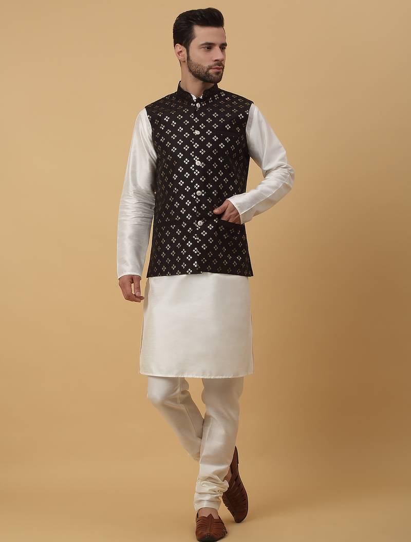 Men's cream kurta and churidar with sequenced cotton silk nehru jacket