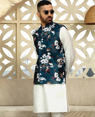 Silk blend solid cream kurta and churidar with floral blue nehru jacket 1
