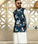Silk blend solid cream kurta and churidar with floral blue nehru jacket