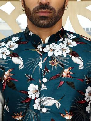 Silk blend solid cream kurta and churidar with floral blue nehru jacket 3