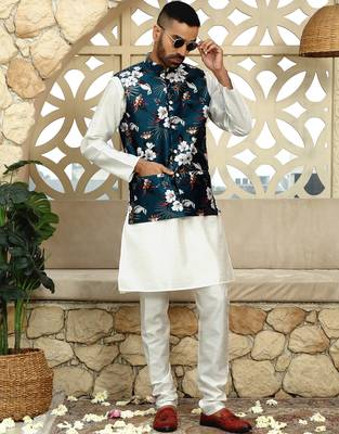 Silk blend solid cream kurta and churidar with floral blue nehru jacket 5