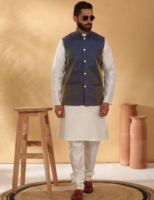 Silk blend cream kurta and churidar with jacquard geometric blue nehru jacket 1
