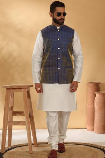 Silk blend cream kurta and churidar with jacquard geometric blue nehru jacket