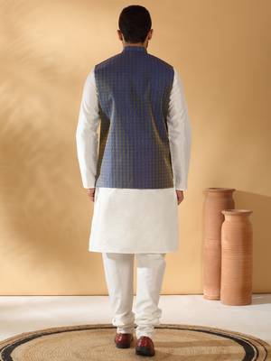 Silk blend cream kurta and churidar with jacquard geometric blue nehru jacket 3