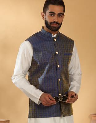 Silk blend cream kurta and churidar with jacquard geometric blue nehru jacket 4