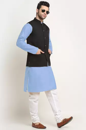 Cotton sky blue kurta and pyjama with twill black nehru jacket