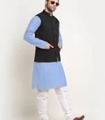 Cotton sky blue kurta and pyjama with twill black nehru jacket