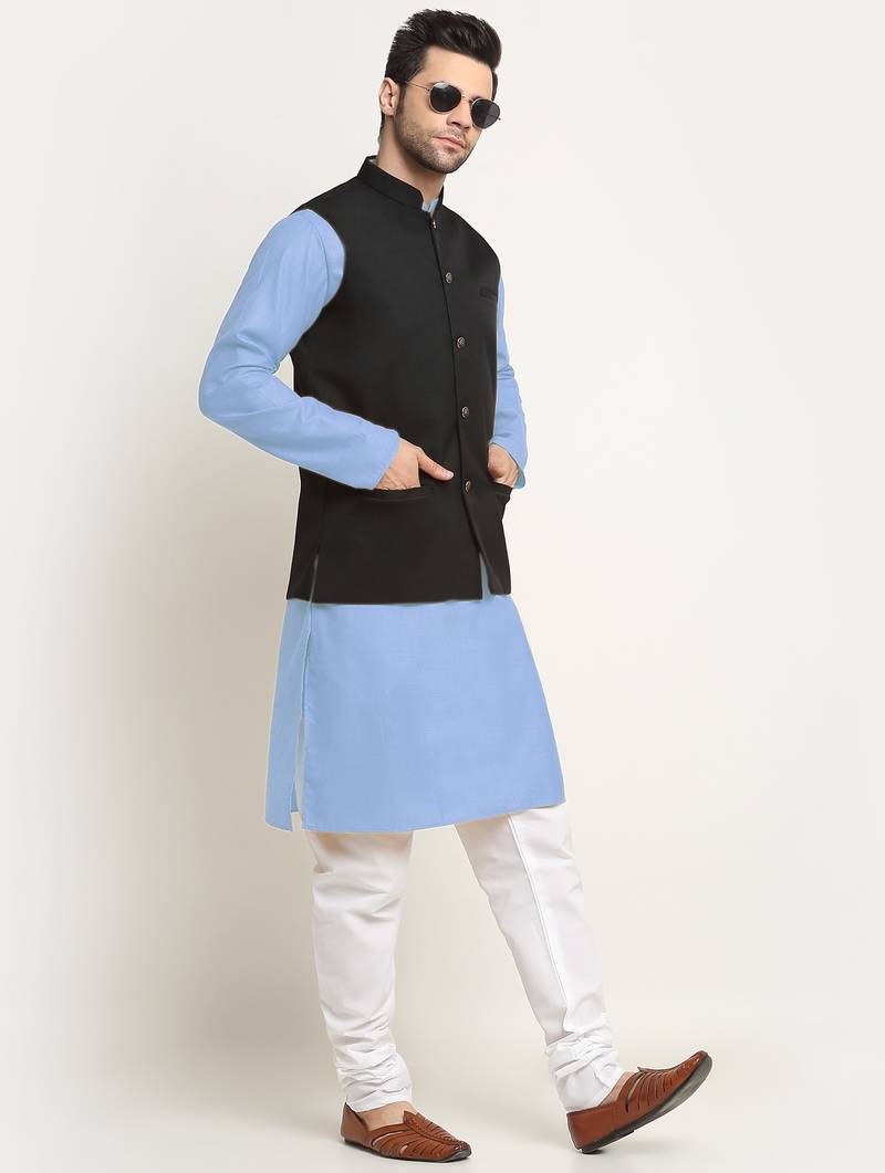 Cotton sky blue kurta and pyjama with twill black nehru jacket