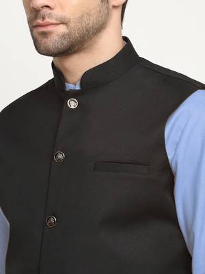 Cotton sky blue kurta and pyjama with twill black nehru jacket 2