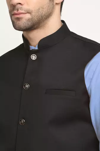 Cotton sky blue kurta and pyjama with twill black nehru jacket