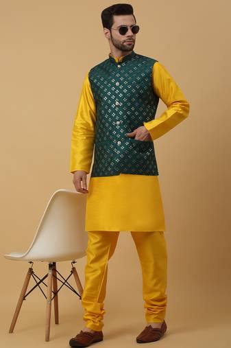 Men's yellow kurta and churidar with sequenced cotton silk nehru jacket
