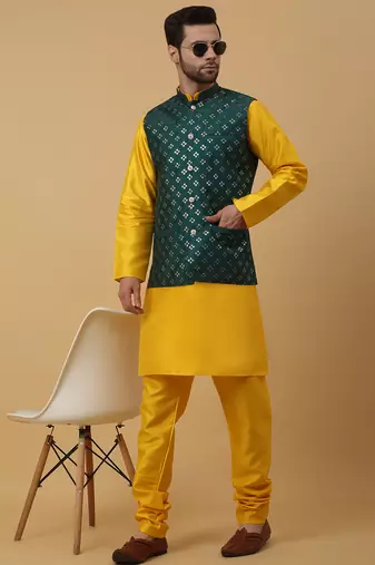 Men's yellow kurta and churidar with sequenced cotton silk nehru jacket