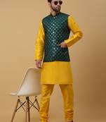 Men's yellow kurta and churidar with sequenced cotton silk nehru jacket