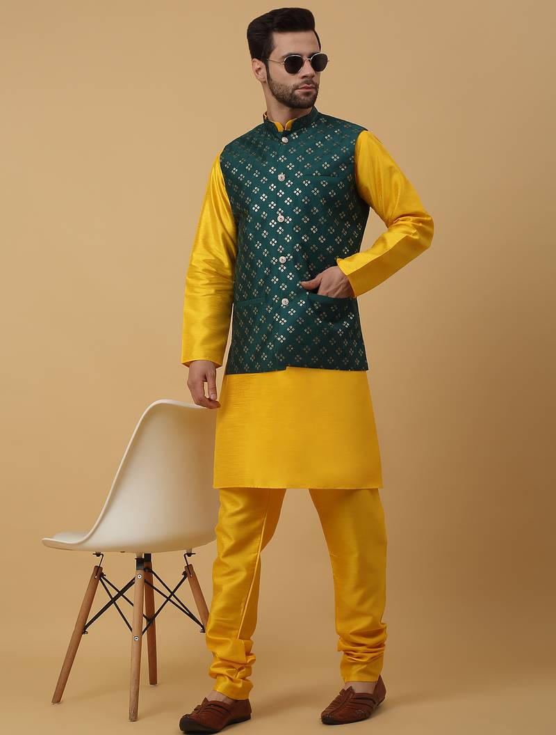 Men's yellow kurta and churidar with sequenced cotton silk nehru jacket