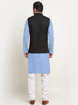 Cotton sky blue kurta and pyjama with twill black nehru jacket 3