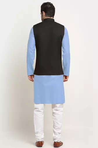 Cotton sky blue kurta and pyjama with twill black nehru jacket