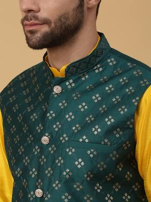 Men's yellow kurta and churidar with sequenced cotton silk nehru jacket 2