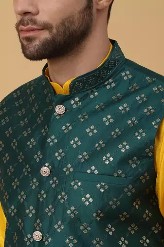 Men's yellow kurta and churidar with sequenced cotton silk nehru jacket