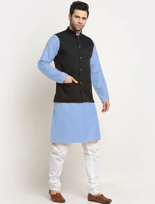 Cotton sky blue kurta and pyjama with twill black nehru jacket 4