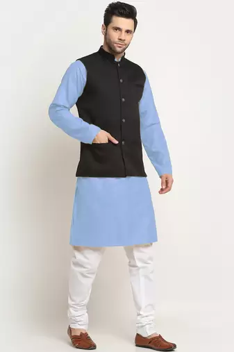Cotton sky blue kurta and pyjama with twill black nehru jacket