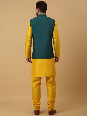 Men's yellow kurta and churidar with sequenced cotton silk nehru jacket 3