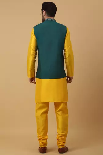 Men's yellow kurta and churidar with sequenced cotton silk nehru jacket