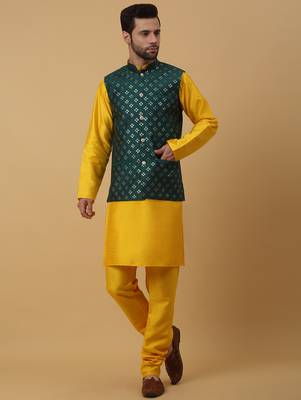 Men's yellow kurta and churidar with sequenced cotton silk nehru jacket 4