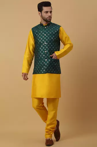 Men's yellow kurta and churidar with sequenced cotton silk nehru jacket